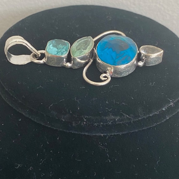 Hand Crafted Blue Topaz Tourmaline Crystal 925 Sterling Silver Pendant - Picture 2 of 6